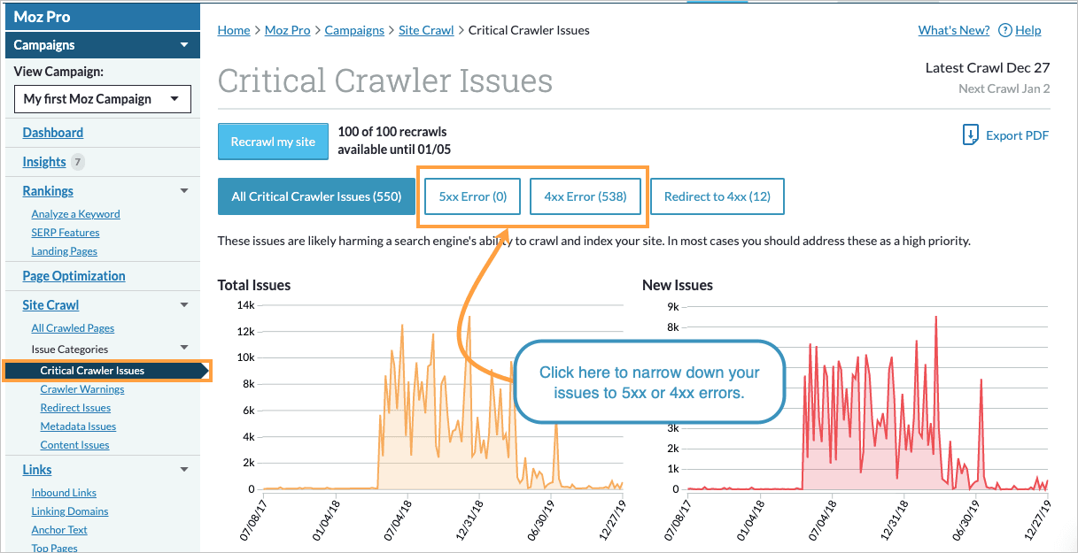 Within the Critical Crawler Issues section of your Site Crawl, you can monitor which pages are returning a server error or 404 error to our crawler.