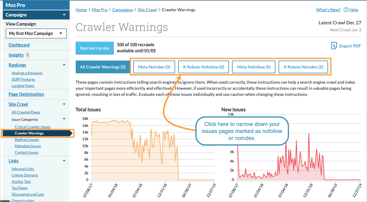Within the Crawler Warnings section of your Moz Pro Campaign you can monitor what pages are marked as noindex or nofollow.
