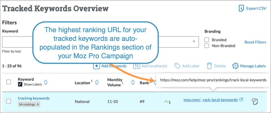 The highest ranking URL is noted in the URL column for each tracked keyword.