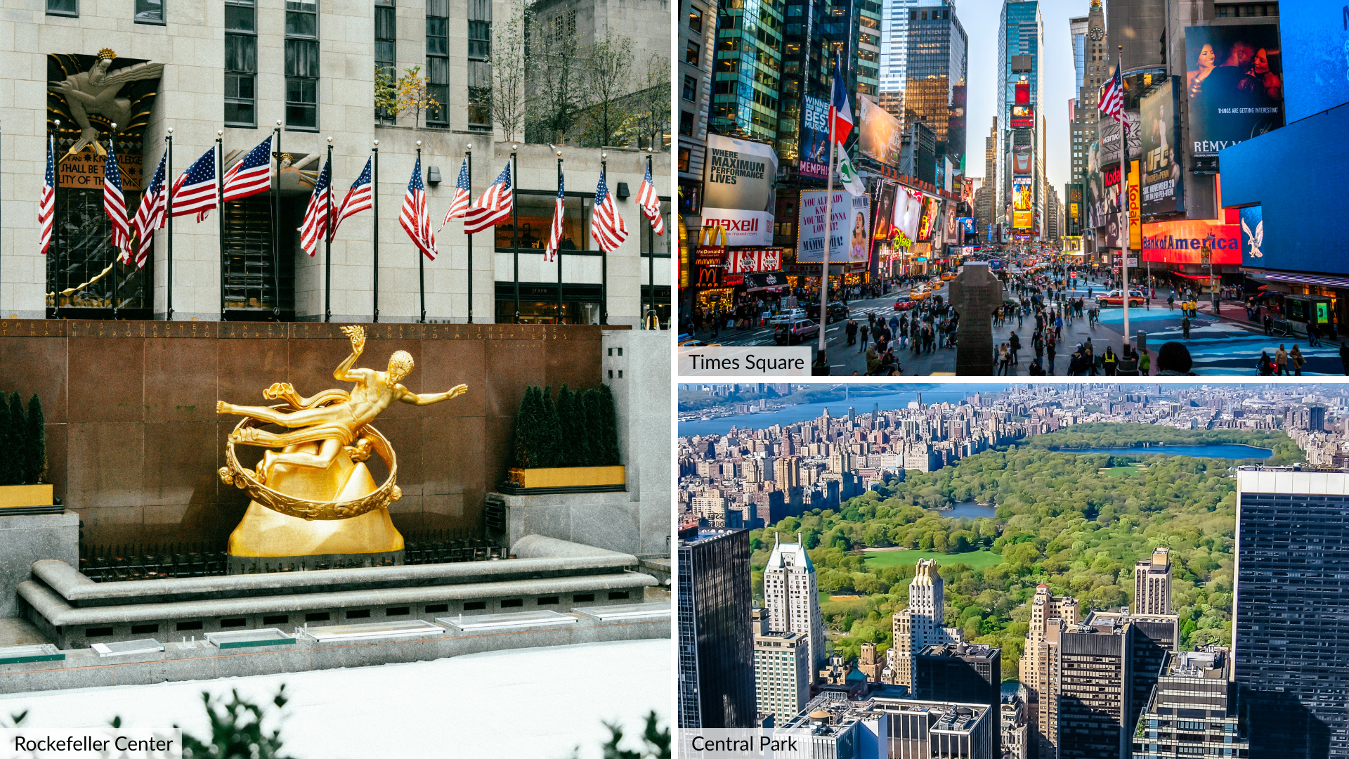 3 photos of New York landmarks: rockefeller center, Times Square, and Central Park.