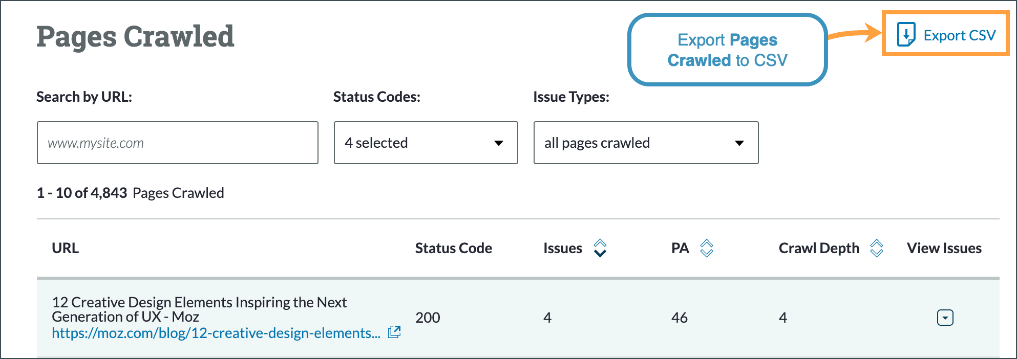 The option to export all crawled pages data to CSV is located in the middle of the page just below the issues graph, above the filter options.