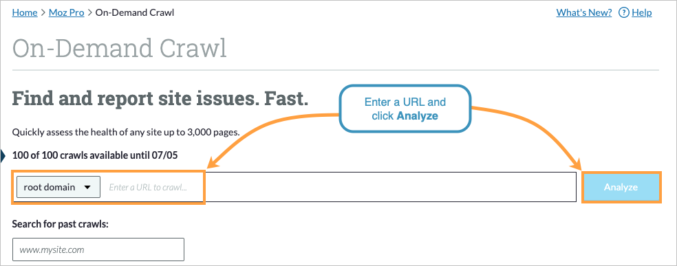 On-Demand Crawl interface with search bar to start your crawl. Enter a URL and select the scope of the crawl then click Analyze.