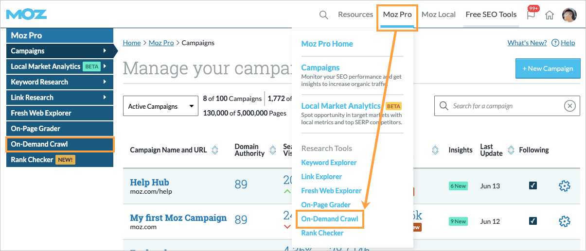 You can access the On Demand Crawl tool from the Moz Pro dropdown on the top right or from the left hand navigation panel.