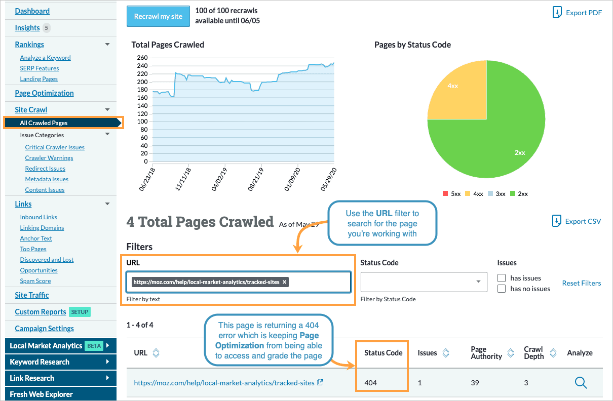 All Crawled Pages section of your Campaign with filter enabled for a specific page URL. The status code column shows a status code of 404.