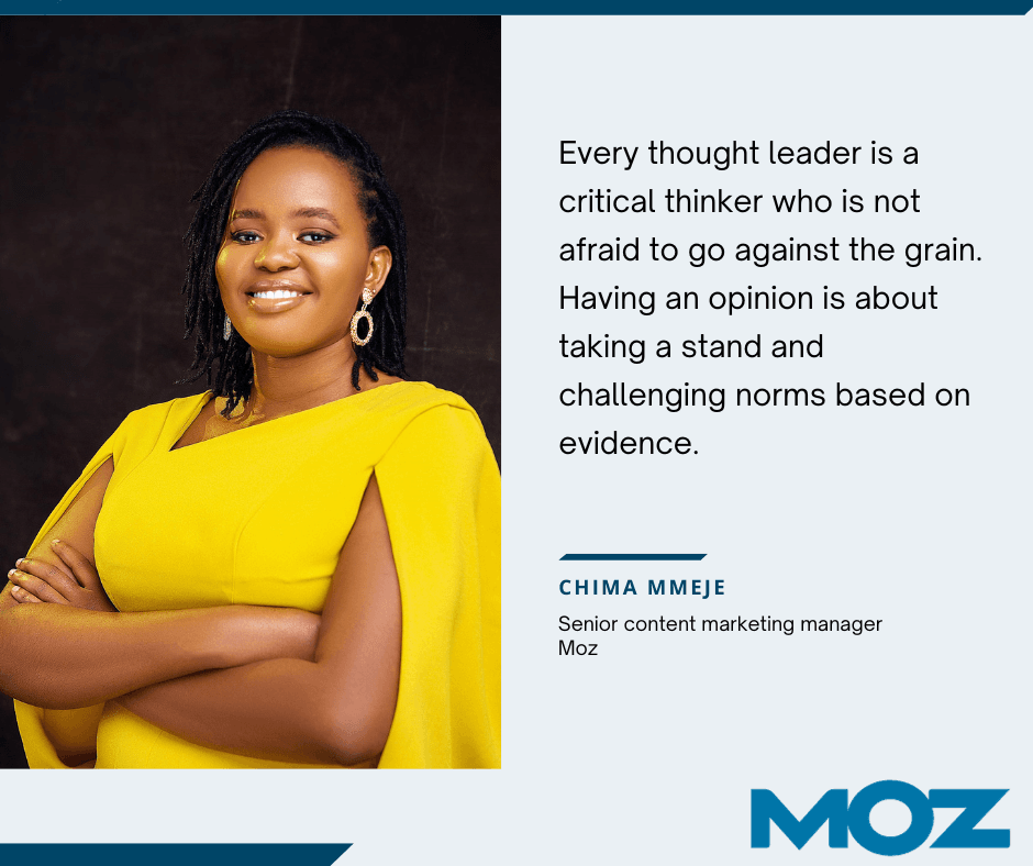Promotional graphic for Moz featuring Chima Mmeje, with a quote on being a critical thinker