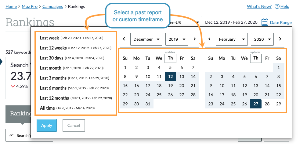 Use the calendar to select a past timeframe.