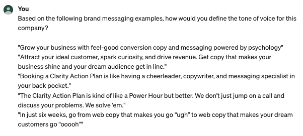 Screenshot of a ChatGPT prompt requesting the tool to use the provided brand messaging examples to define the company's tone of voice