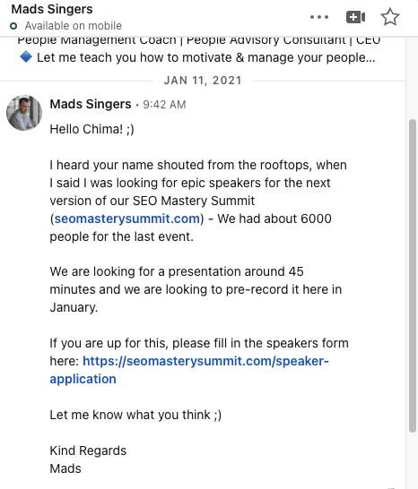 Screenshot of a LinkedIn message from Mads Singers offering a speaking opportunity at the SEO Mastery Summit