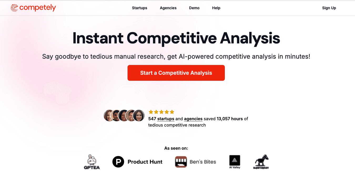 Screenshot of competely homepage