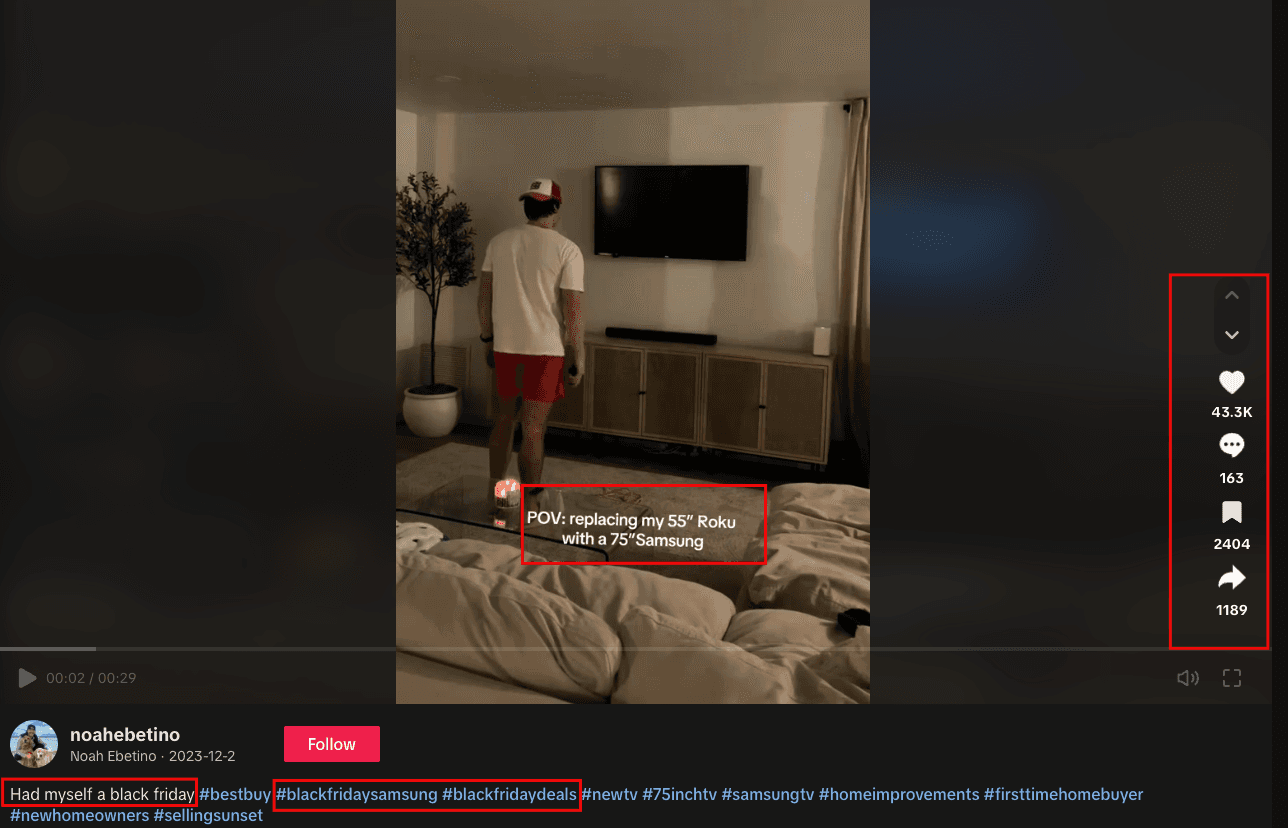 Screenshot of TikTok user promoting Samsung TV