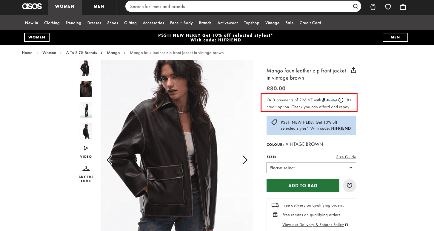 Screenshot showing ASOS offering installment payment options