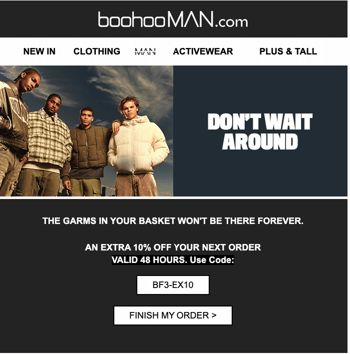 Screenshot showing BoohooMan abandoned cart email