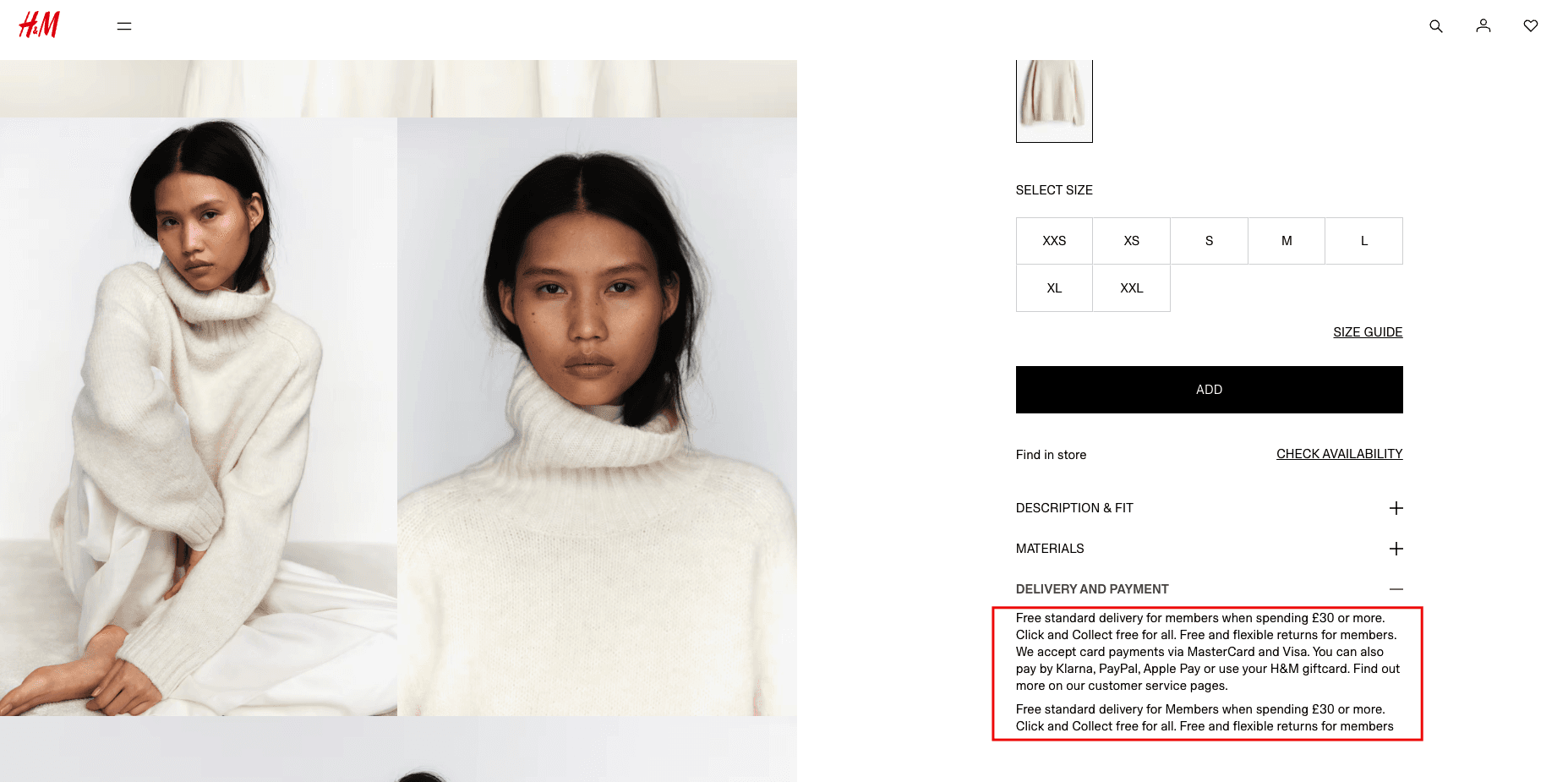 Screenshot showing H&M's free delivery offer