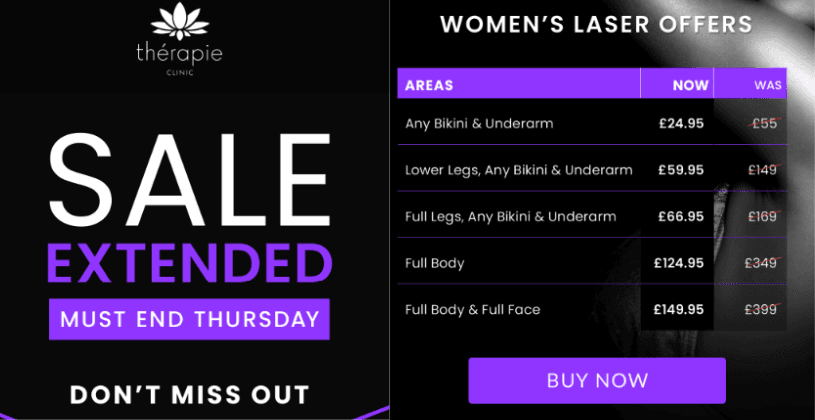Screenshot showing Therapie Clinic extending Black Friday sales
