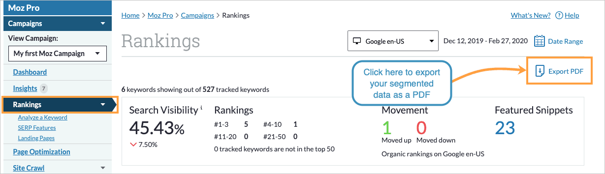 You can export segmented data to PDF via the link on the top right.