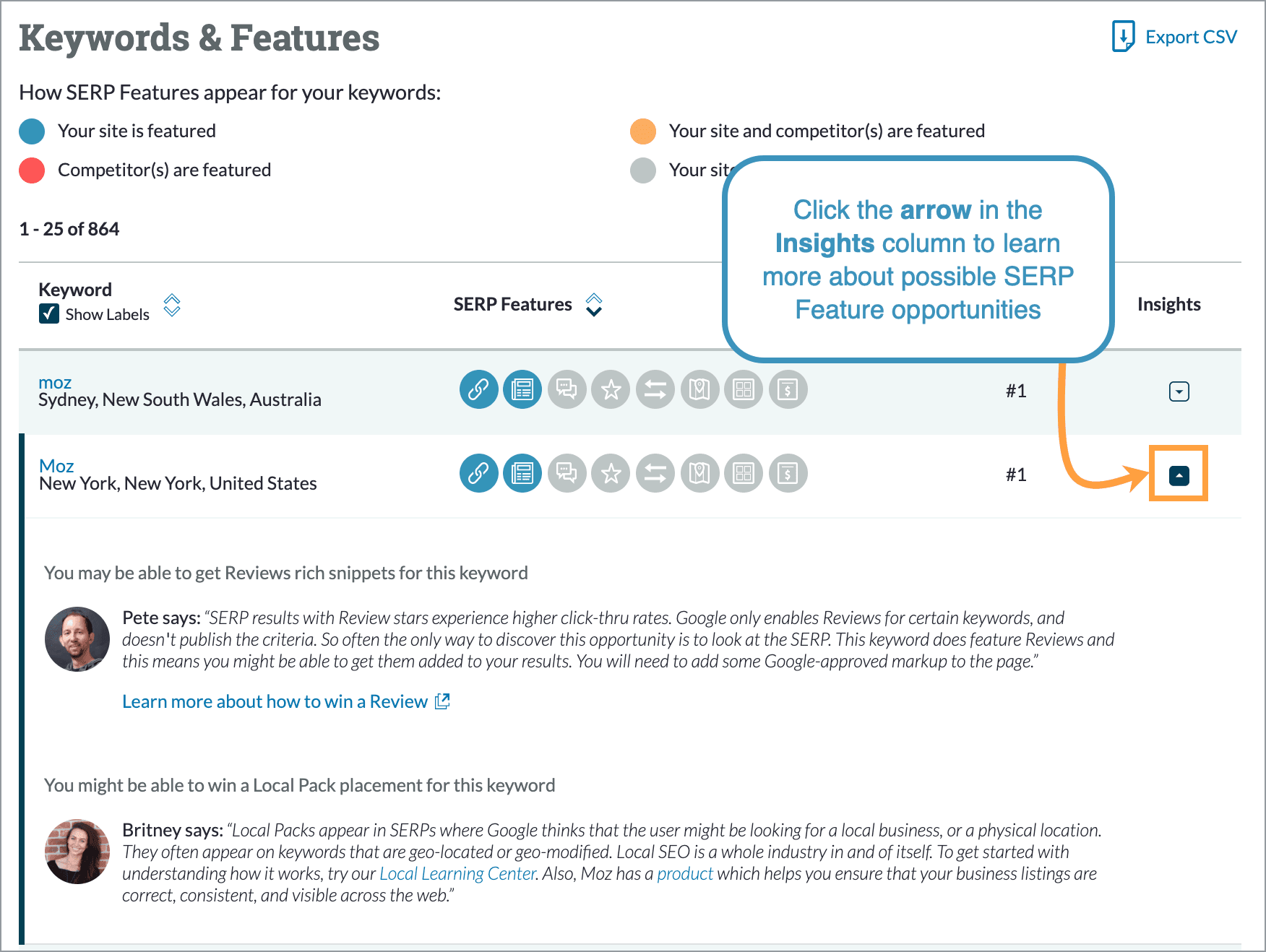 Click the arrow in the insights column for more information about this opportunity.
