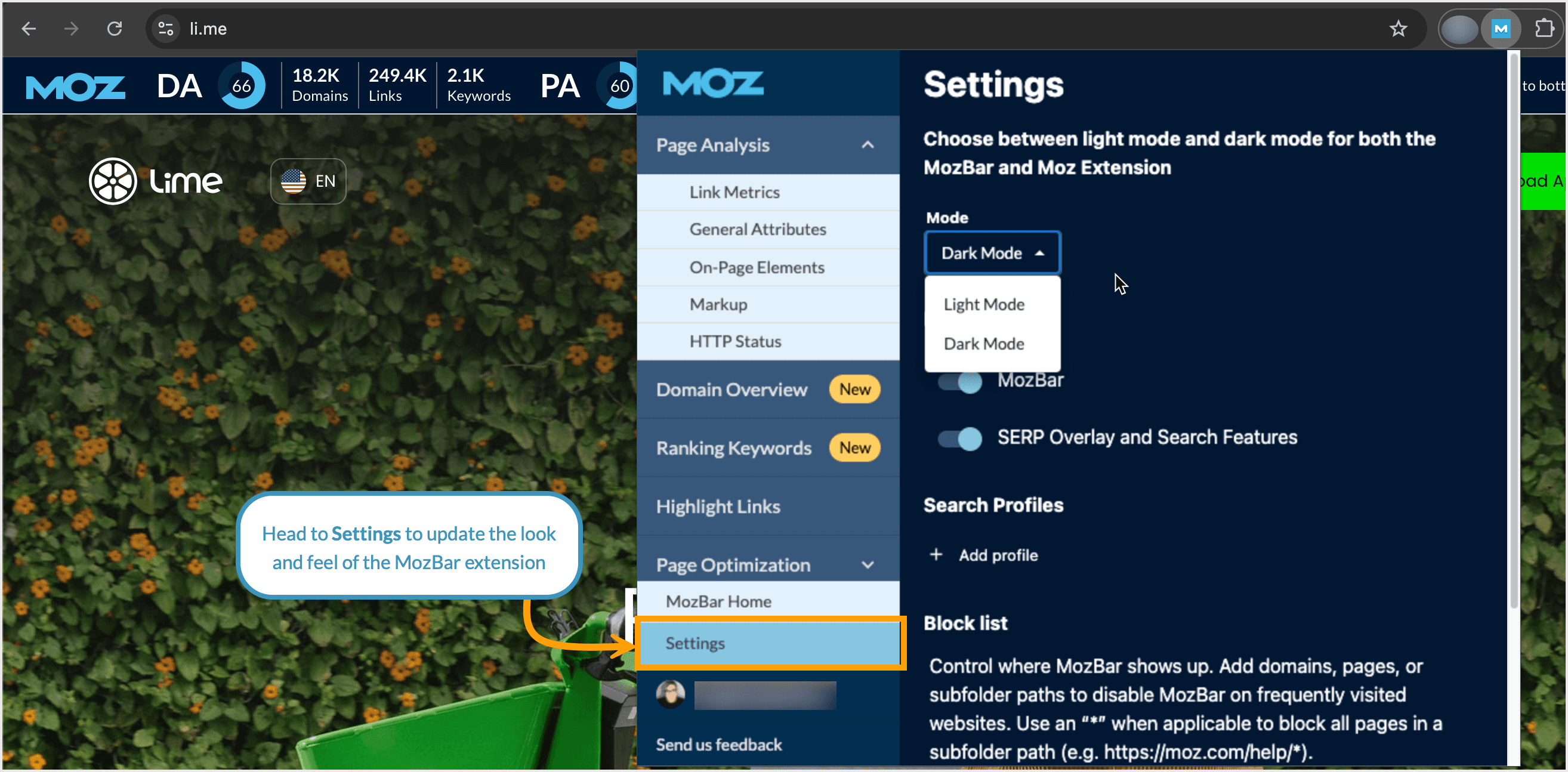 Screenshot showing the settings menu in MozBar