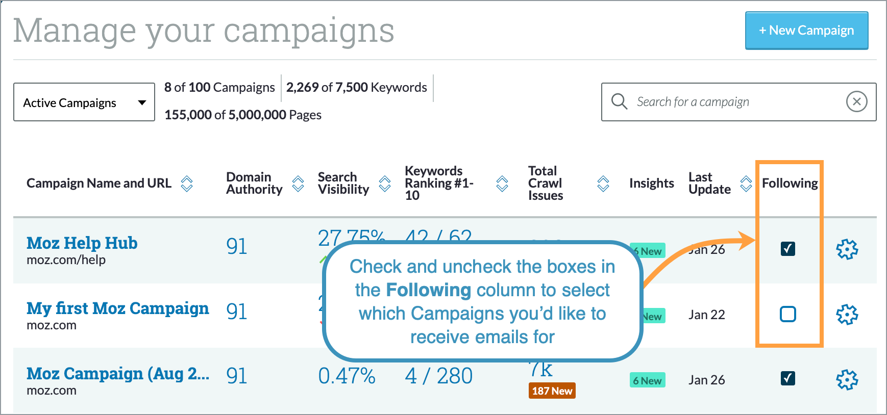 Within the Manage Your Campaigns screen you can choose which Campaigns to follow and receive emails for.