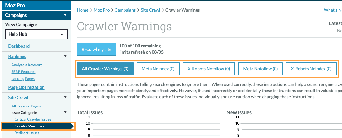 Crawler Warnings menu location in the left hand navigation with options to narrow results by issue type at the top of the page.