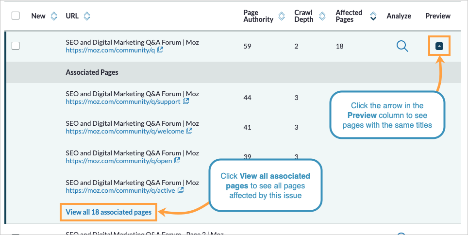 Content issues view with duplicate title issues selected. Click preview column arrow to see more information.