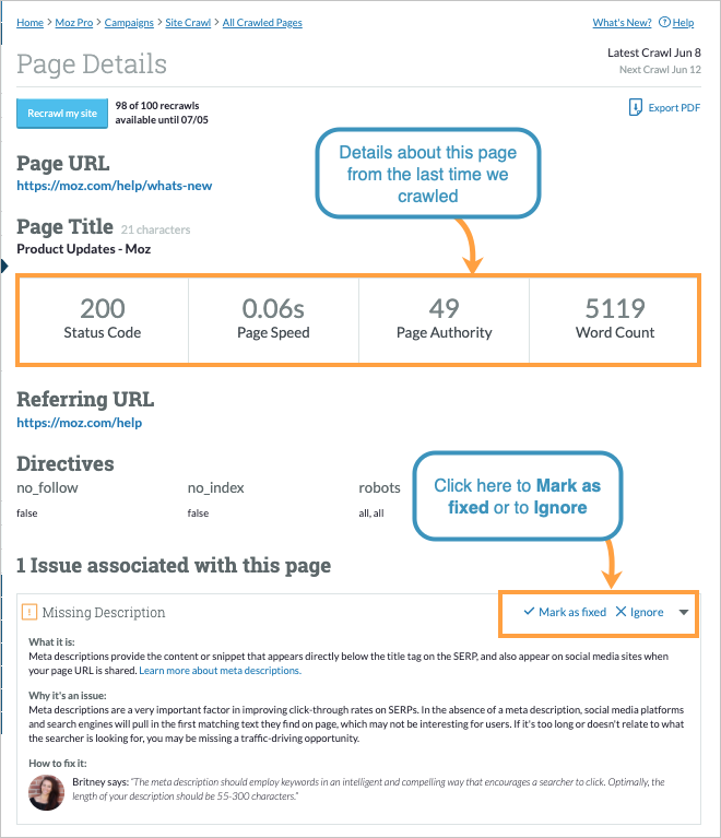 Page Details view - click mark as fixed or ignore from beside the issue description.