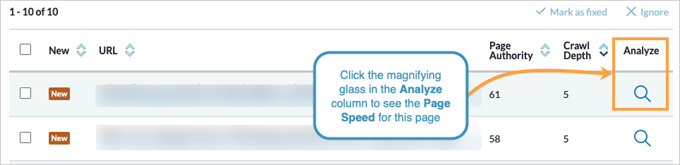 Content issues view with slow load time issues selected. Click the magnifying glass to analyze the page and see the load time.