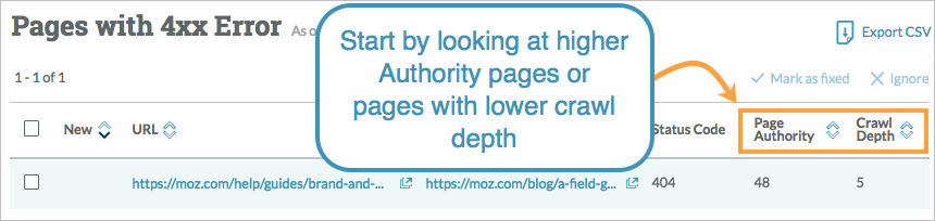 Site Crawl view of pages with 4xx errors. Click the headers to sort the table and see pages with higher authority and lower crawl depth.