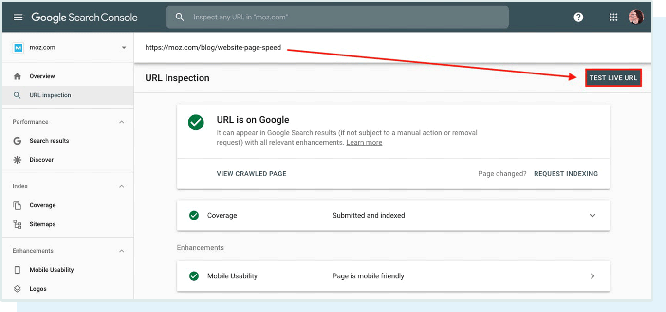 Where to test the live URL version in Google Search Console.