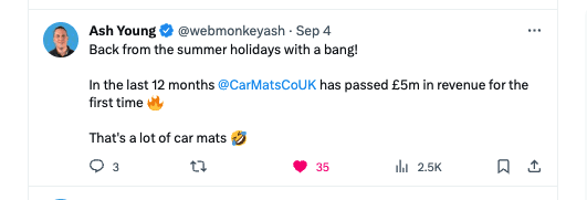 Tweet by Ash Young celebrating CarMats.co.uk's milestone of £5m in revenue over the past 12 months