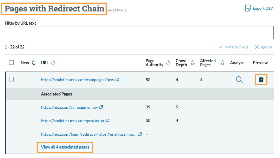Pages with redirect chain view with preview arrow clicked and drawer expanded to show associated pages.